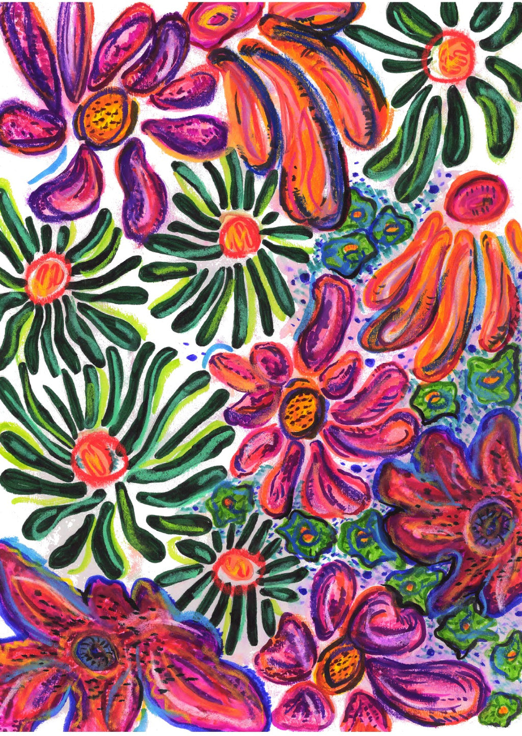 Colorful floral pattern with vibrant colors on a white background
