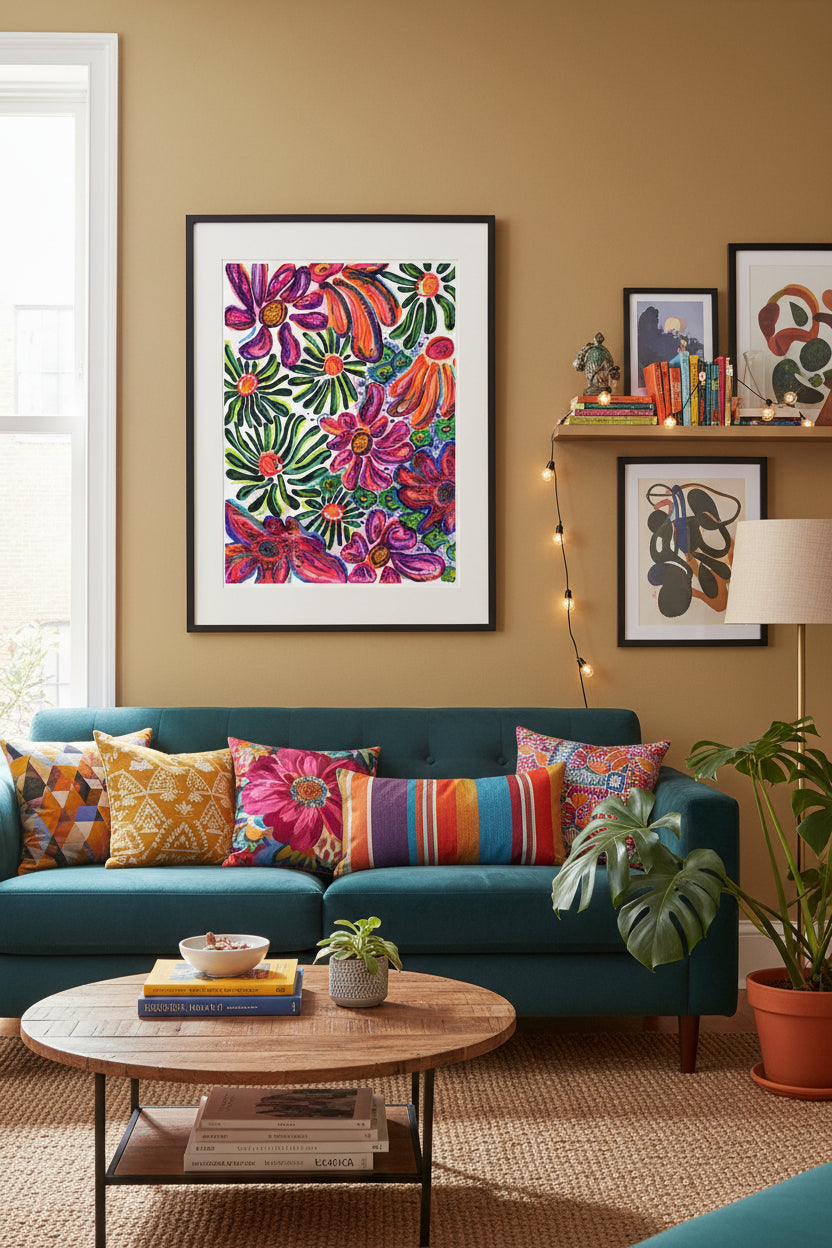 Colorful floral pattern with vibrant colors on a white background