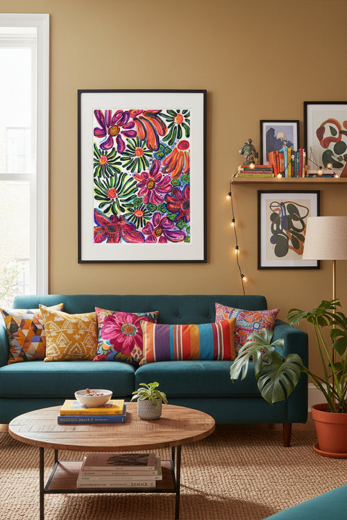 Colorful floral pattern with vibrant colors on a white background
