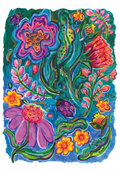 Colorful floral artwork with vibrant colors on a textured background