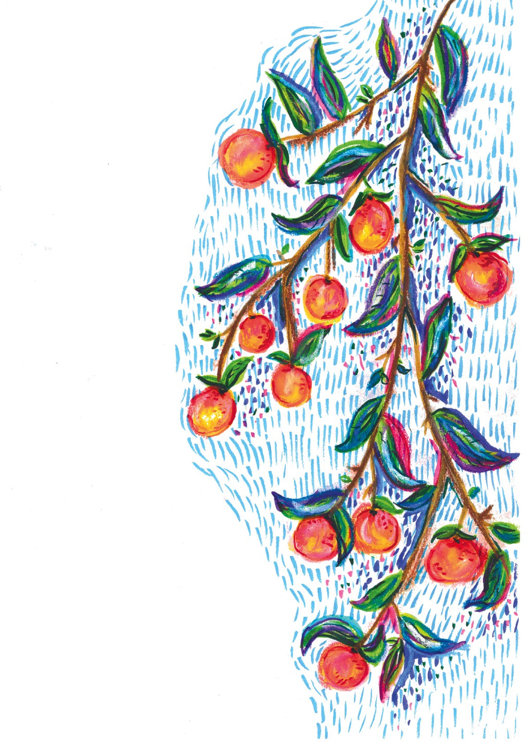 Colorful illustration of a branch with tangerines on a white background